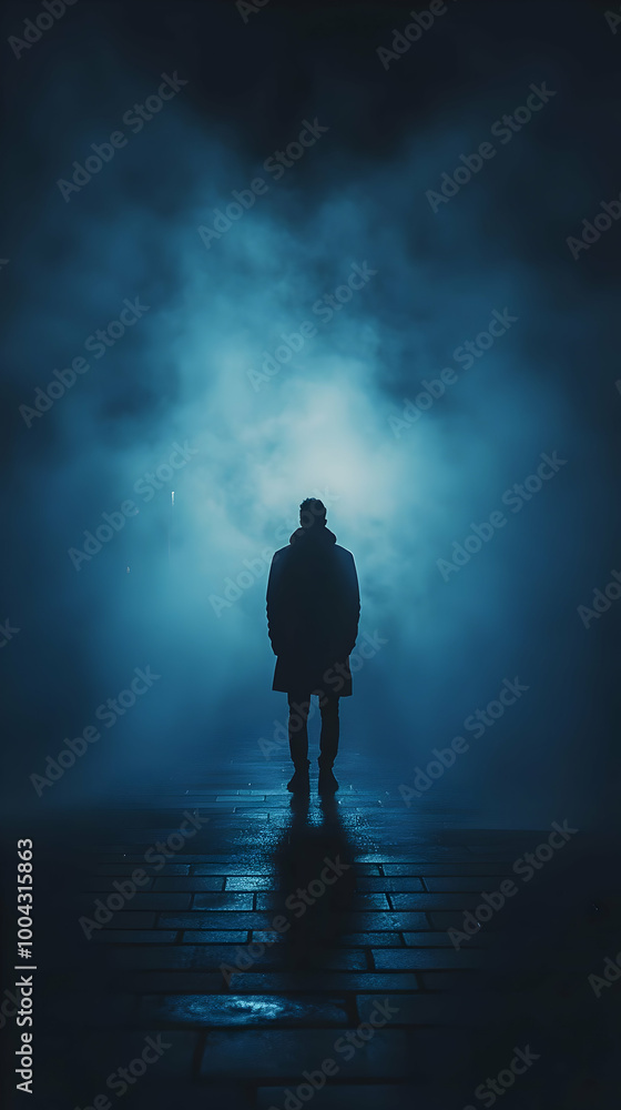 Silhouetted Man Stands Alone on a Foggy Street at Night Silhouetted Man Stands Alone on a Foggy Street at Night