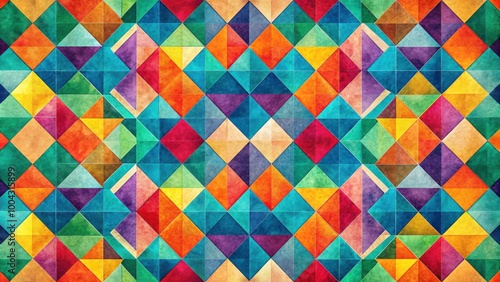 Colorful geometric abstract pattern with triangles, squares, and rectangles on textured background