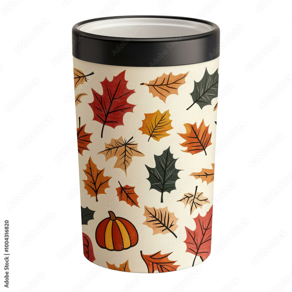 Fototapeta premium Decorative container with autumn leaves and pumpkin design, white isolated background.