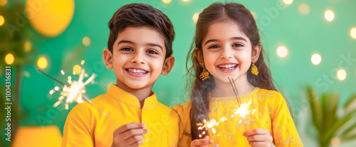 indian boy and girl holding sparklers photo