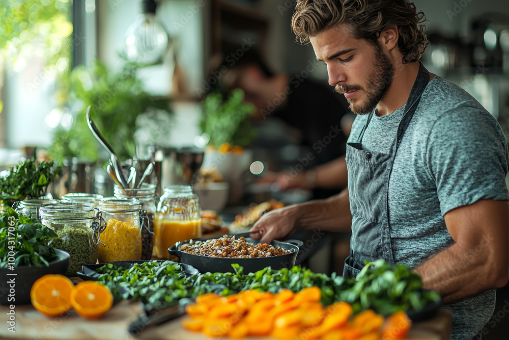 A man preparing a healthy breakfast in a sleek, modern kitchen, with smoothie ingredients laid out on the counter. A man preparing a healthy breakfast in a sleek, modern kitchen, with smoothie ingredients laid out on the counter.