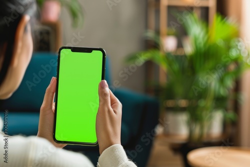 Application mockup indian woman in her 40s holding an smartphone with an entirely green screen