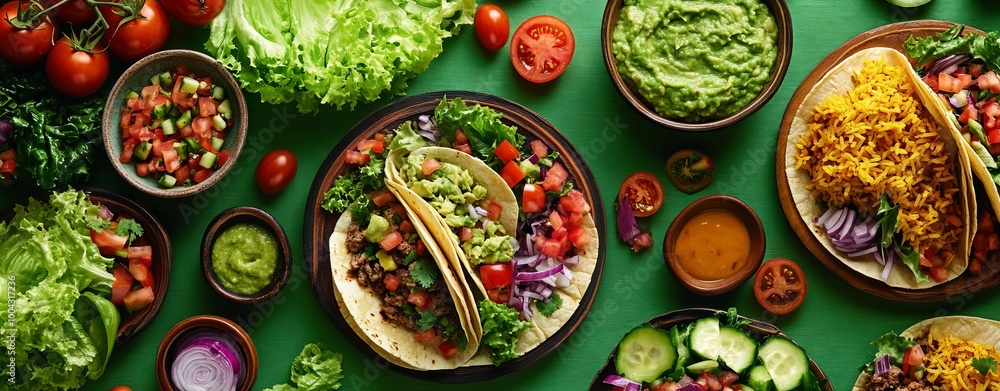 Vibrant Mexican Dishes Flat Lay on Emerald Green Tablecloth, AI generated illustration