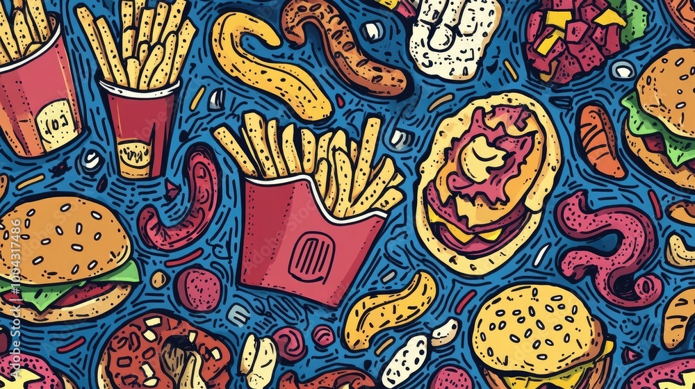 Fototapeta premium Fast Food Doodle Art Pattern Design with Simple Shapes and Colors