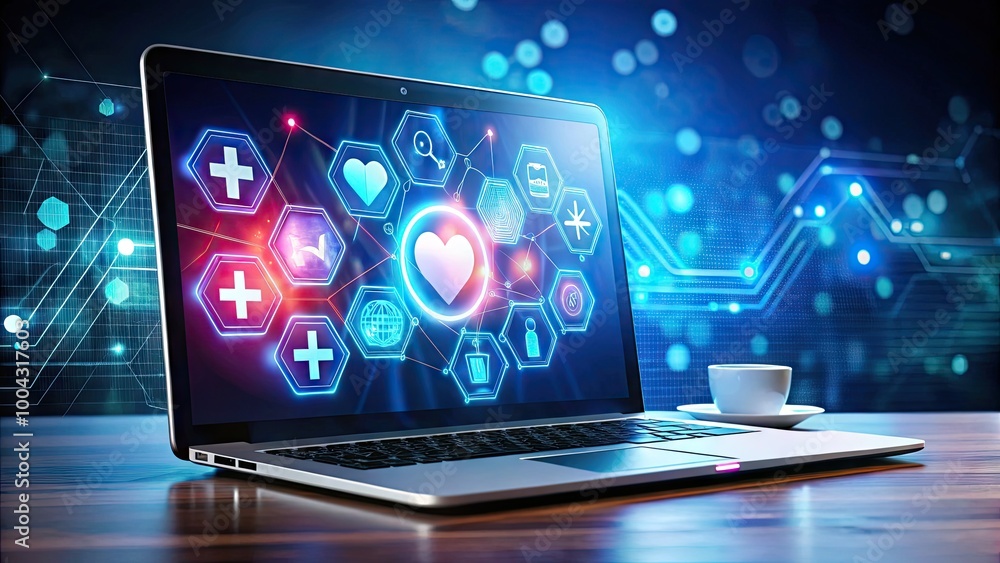 Medical Technology and Digital Healthcare Concept with Laptop and Health Icons on Virtual Interface Medical Technology and Digital Healthcare Concept with Laptop and Health Icons on Virtual Interface
