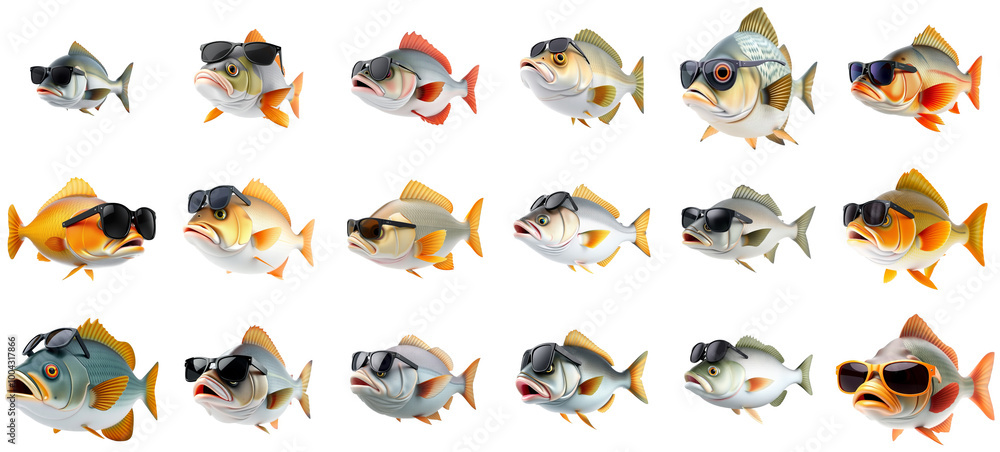Cool Fish with Sunglasses - Illustration Set with Transparent Background, Perfect for Design Elements and Overlays Cool Fish with Sunglasses - Illustration Set with Transparent Background, Perfect for Design Elements and Overlays