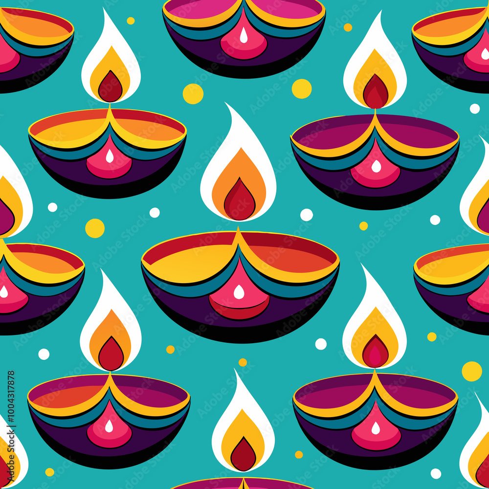Colorful oil lamps with intricate designs are arranged in a repetitive pattern Colorful oil lamps with intricate designs are arranged in a repetitive pattern