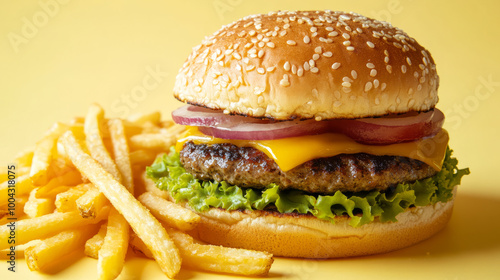 Cheeseburger with lettuce, onions, and fries on a yellow background. Close-up studio food photography.