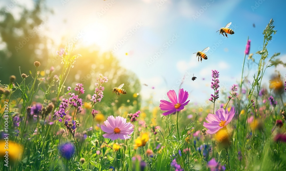 Vibrant Spring Meadow with Wild Flowers and Bees, AI generated illustration Vibrant Spring Meadow with Wild Flowers and Bees, AI generated illustration