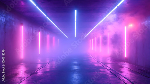 Neon Lights and Fog in a Concrete Tunnel 3D Illustration