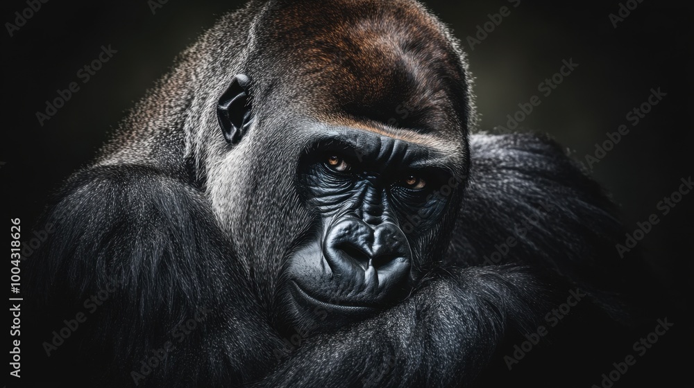 Obraz premium Close-up portrait of a male gorilla in the zoo, showcasing the detailed features of this powerful primate, a majestic representation of nature and wildlife.