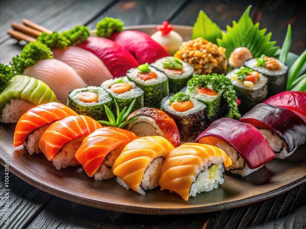 Mixed Sushi Set with Nigiri Rolls and Sashimi on Traditional Japanese Black Sushioke Plate Mixed Sushi Set with Nigiri Rolls and Sashimi on Traditional Japanese Black Sushioke Plate