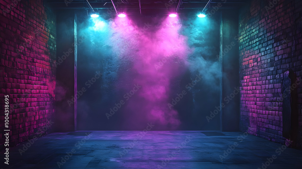 Brick Wall Background with Neon Lights and Smoke Brick Wall Background with Neon Lights and Smoke