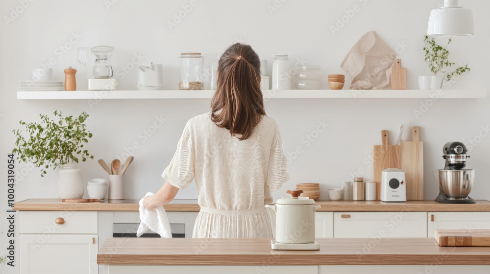 A woman stands in modern kitchen, preparing food with calm demeanor. space features minimalist decor, wooden accents, and greenery, creating serene atmosphere A woman stands in modern kitchen, preparing food with calm demeanor. space features minimalist decor, wooden accents, and greenery, creating serene atmosphere