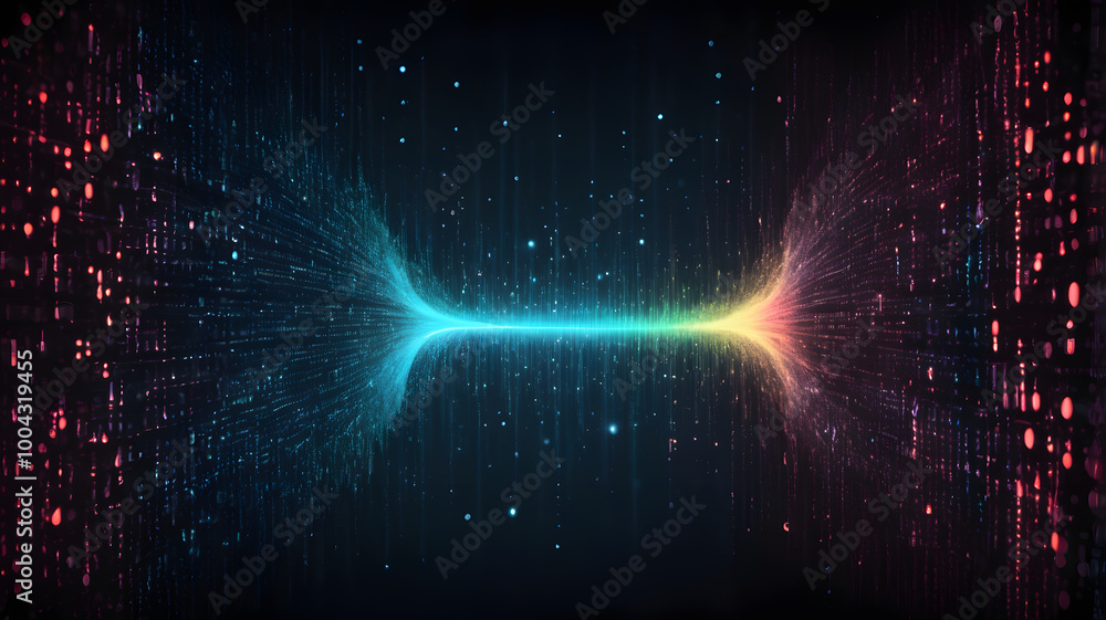 © happy - Digital Convergence: Abstract representation of data streams converging, vibrant colors and glowing particles in a cosmic digital landscape.