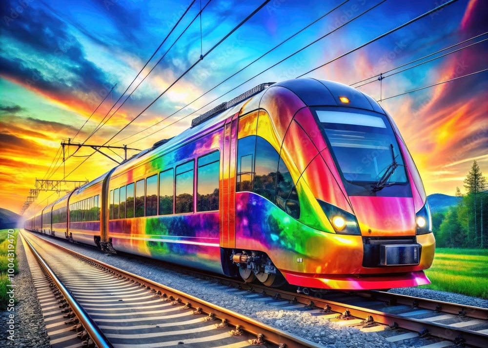 Fototapeta premium Modern Electric Train with Semi-Transparent Panels in Artistic Flat Style Illustration Design