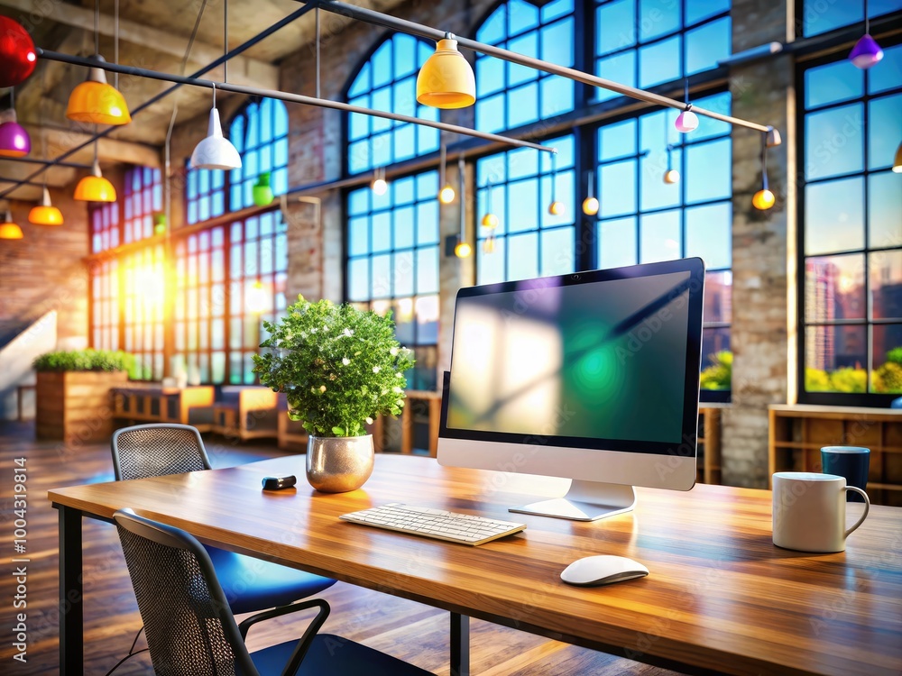 Modern industrial loft office with all-in-one computer featuring a blank screen for creative use Modern industrial loft office with all-in-one computer featuring a blank screen for creative use