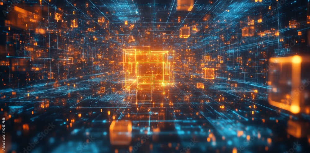 Fototapeta premium Futuristic Geometric Landscape with Orange and Blue Cubes, AI generated illustration