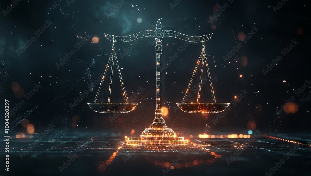 Glowing Digital Scales Representing Law and Justice for Financial Business Presentation, AI generated illustration Glowing Digital Scales Representing Law and Justice for Financial Business Presentation, AI generated illustration