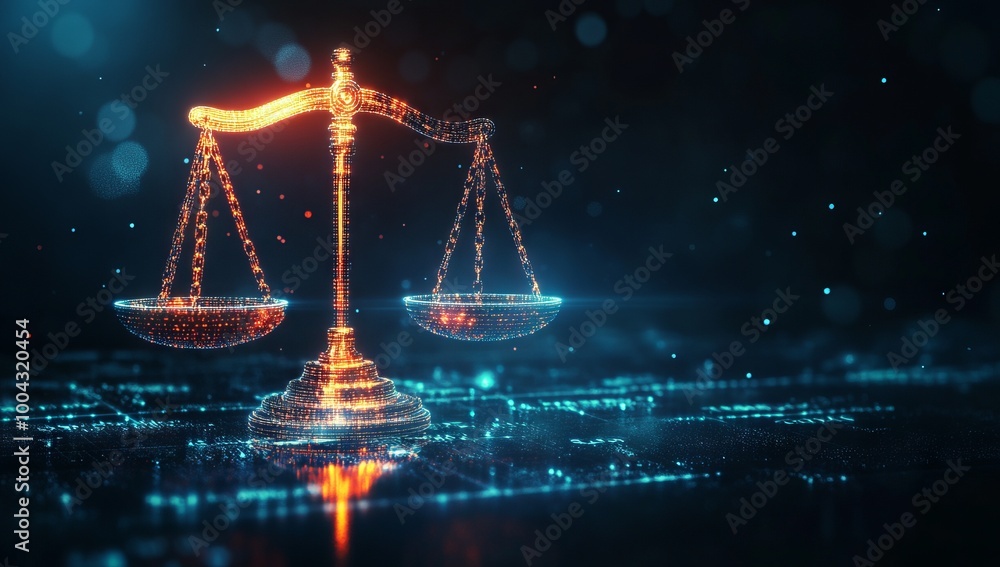 Glowing Digital Scales Representing Law and Justice for Financial Business Presentation, AI generated illustration Glowing Digital Scales Representing Law and Justice for Financial Business Presentation, AI generated illustration