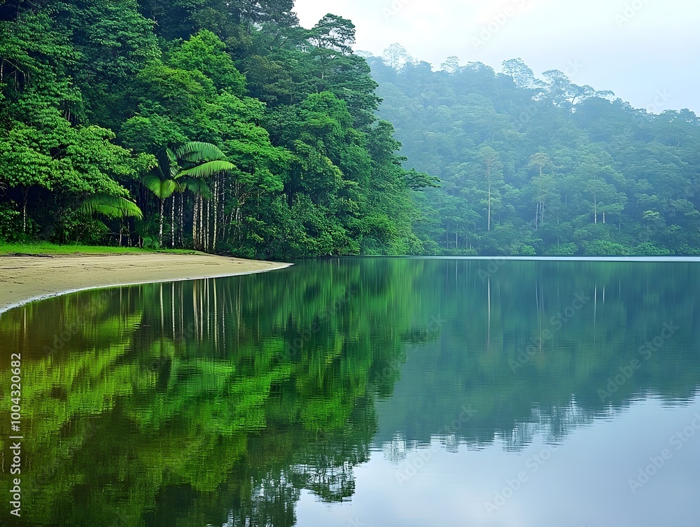 Fototapeta premium Tranquil forest fringed lake acting as a mirror to the lush verdant trees on the shore exuding a meditative and peaceful atmosphere