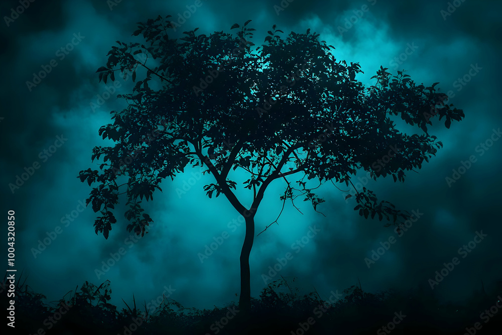 A Silhouetted Tree Stands Tall Against a Dark Teal Sky with Foggy Clouds A Silhouetted Tree Stands Tall Against a Dark Teal Sky with Foggy Clouds