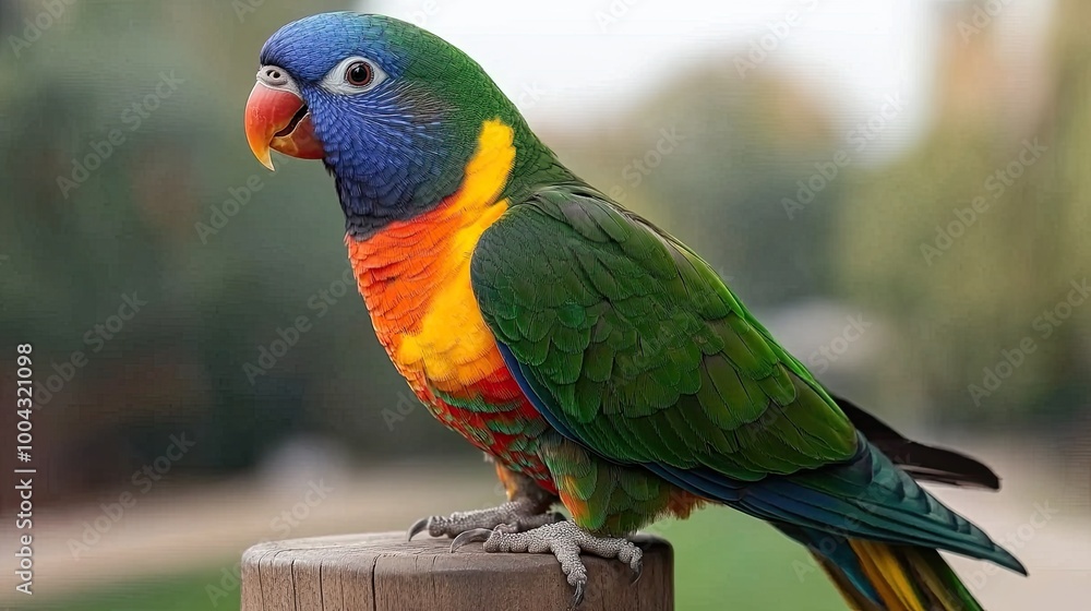 A rainbow lorikeet showcases its bright plumage while resting on a wooden post surrounded by lush greenery and stunning hydrangea flowers in a tranquil garden A rainbow lorikeet showcases its bright plumage while resting on a wooden post surrounded by lush greenery and stunning hydrangea flowers in a tranquil garden