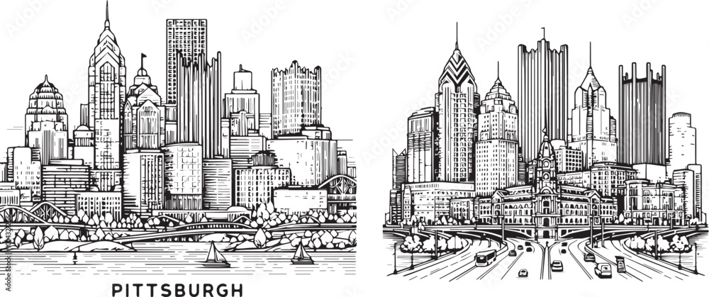 Outline Pittsburgh skyline. Trendy template with Pittsburgh city buildings and landmarks in line style. Stock vector design. Outline Pittsburgh skyline. Trendy template with Pittsburgh city buildings and landmarks in line style. Stock vector design.