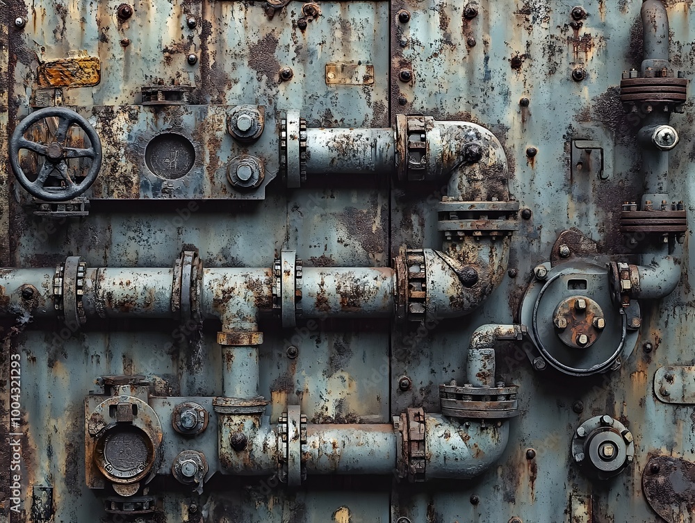 Aged weathered industrial metal backdrop featuring intricate piping valves and mechanical components captured with a cinematic flair and a muted color palette evocative of the Diesel Punk aesthetic