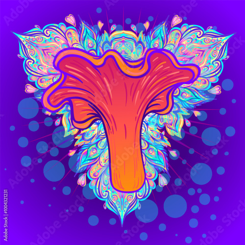 Magic mushrooms mandala. Psychedelic hallucination. Vibrant trippy vector illustration. 60s hippie colorful art. Hand drawn design in ethnic Indian style. Mystic abstract hippie yoga mat design.