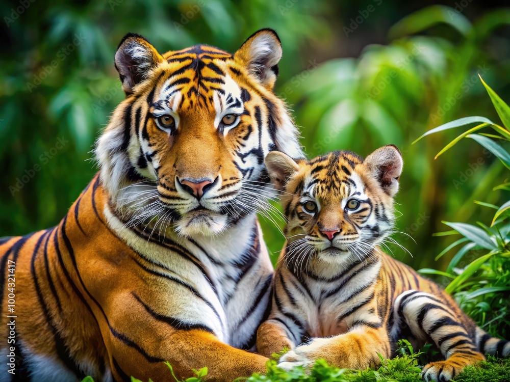 Obraz premium Mother Tiger Nurturing Her Cub Showcasing Strong Maternal Instincts and Protective Behavior in Nature