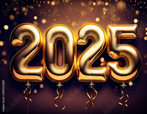 Happy New Year 2025 gold foil balloon numbers and ribbons. on bokeh background.