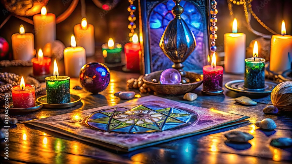 Mystical Cartomancy Setup with Tarot Pendulum, Chakra Stones, and Defocused Tarot Cards on Altar Mystical Cartomancy Setup with Tarot Pendulum, Chakra Stones, and Defocused Tarot Cards on Altar