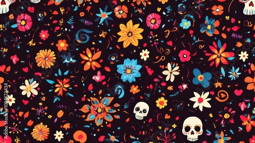 Pattern Illustration of Mariachi Music Elements, Skulls, and Flowers in Traditional Mexican Art Style