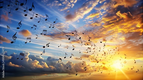 Musical notes falling gracefully from the sky in a beautiful composition image