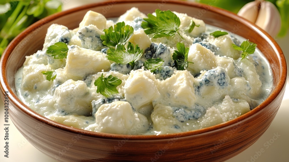 A delicious bowl of diced vegetables mixed in creamy yogurt and topped with herbs A delicious bowl of diced vegetables mixed in creamy yogurt and topped with herbs