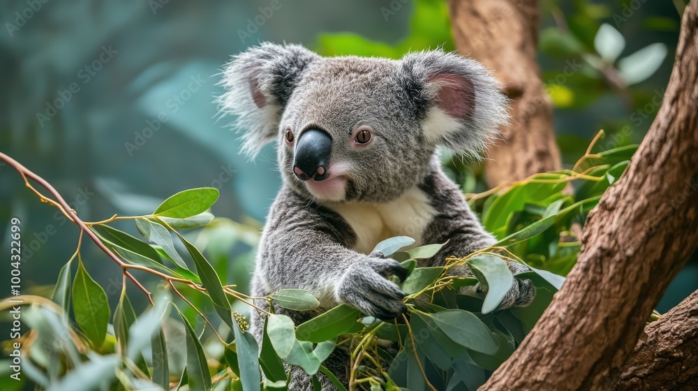 Fototapeta premium Closeup of a Koala enjoying a meal of eucalyptus leaves, set against a lush green background, perfect for conservation messaging.