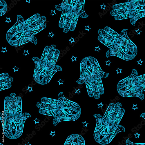 Sacred hand drawn hamsa symbol seamless pattern. Popular Arabic and Jewish amulet. Vector illustration in rainbow colors over black. Repetition background for textiles , wrapping paper or wallpapers.