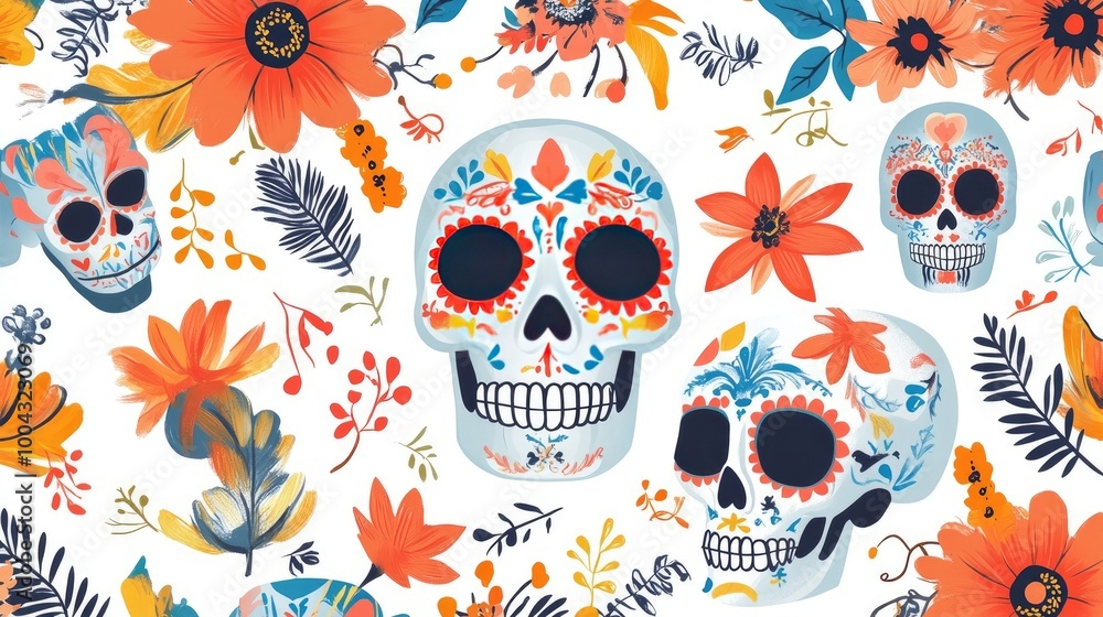 Pattern Illustration of Mariachi Music Elements, Skulls, and Flowers in Traditional Mexican Art Style Pattern Illustration of Mariachi Music Elements, Skulls, and Flowers in Traditional Mexican Art Style