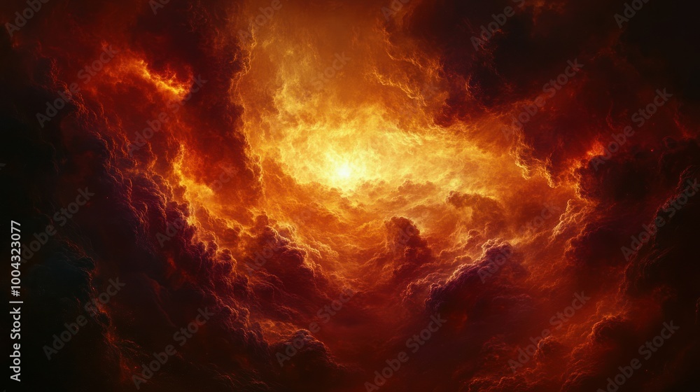 Fiery clouds twist and turn in vivid colors, creating an otherworldly ambiance Fiery clouds twist and turn in vivid colors, creating an otherworldly ambiance