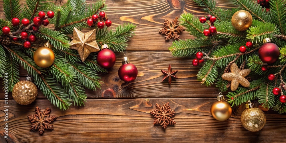 Rustic Christmas decorations on brown background with festive holiday ornaments Rustic Christmas decorations on brown background with festive holiday ornaments
