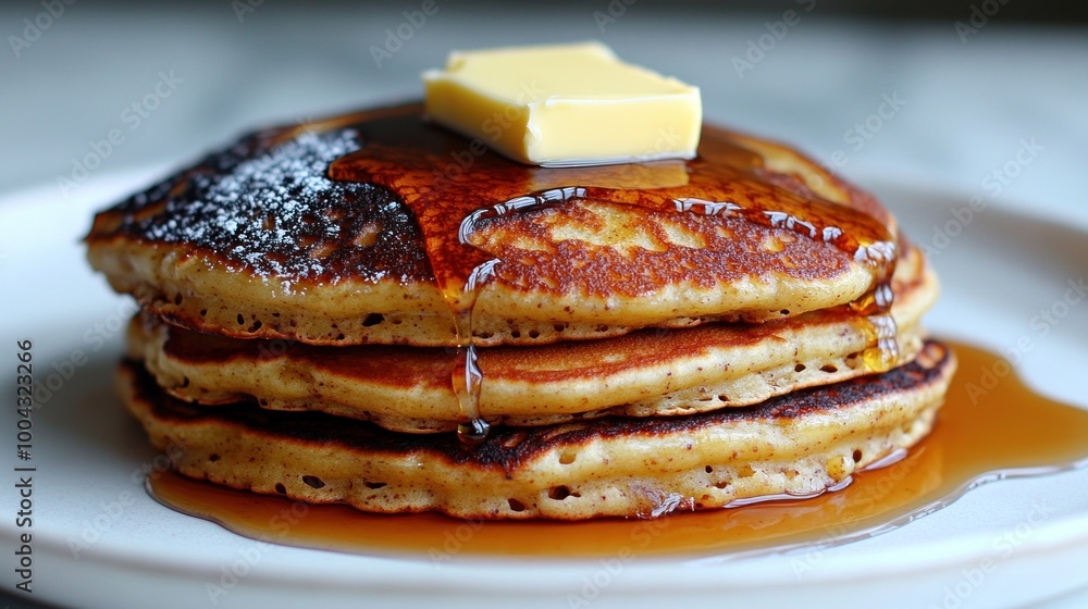 Delicious fluffy pancakes topped with butter and syrup, perfect for breakfast indulgence Delicious fluffy pancakes topped with butter and syrup, perfect for breakfast indulgence