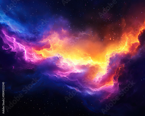 Colorful cosmic nebula in space filled with vibrant hues of purple and orange.