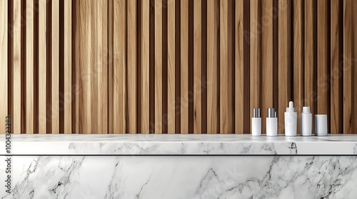 Marble white kitchen tabletop on wooden wall panels background with vertical slats