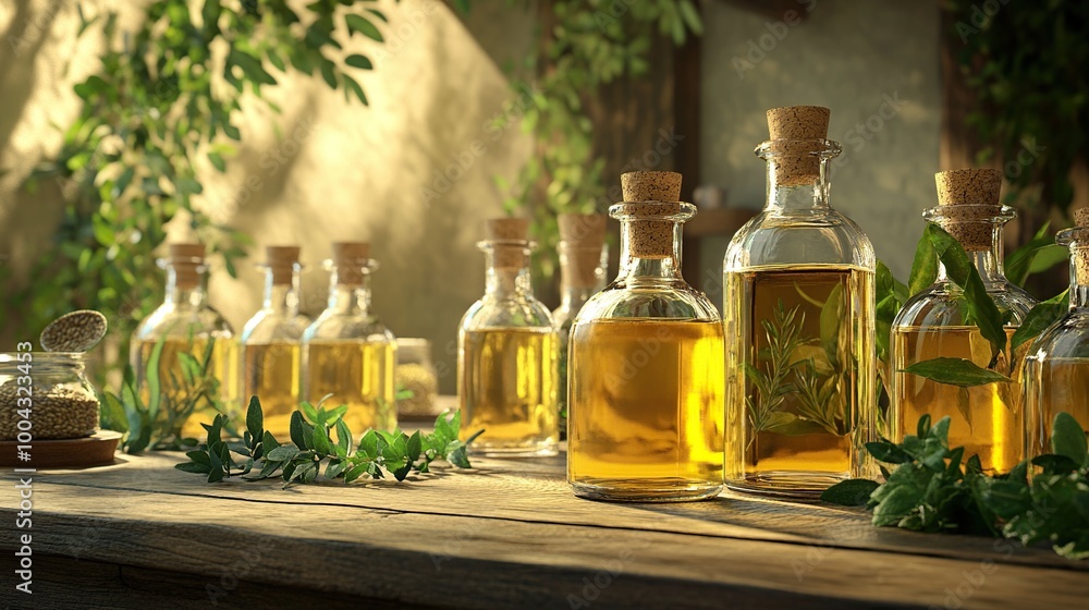 Bottles of oils surrounded by fresh herbs. Bottles of oils surrounded by fresh herbs.