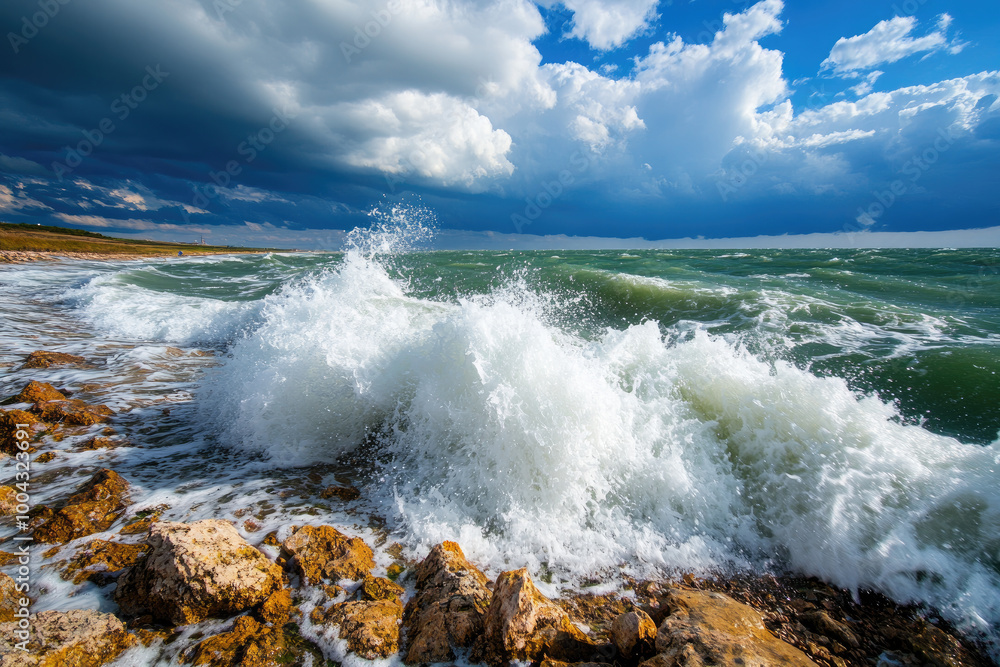 Fototapeta premium Dynamic ocean waves crashing against rocky shore under a dramatic sky.