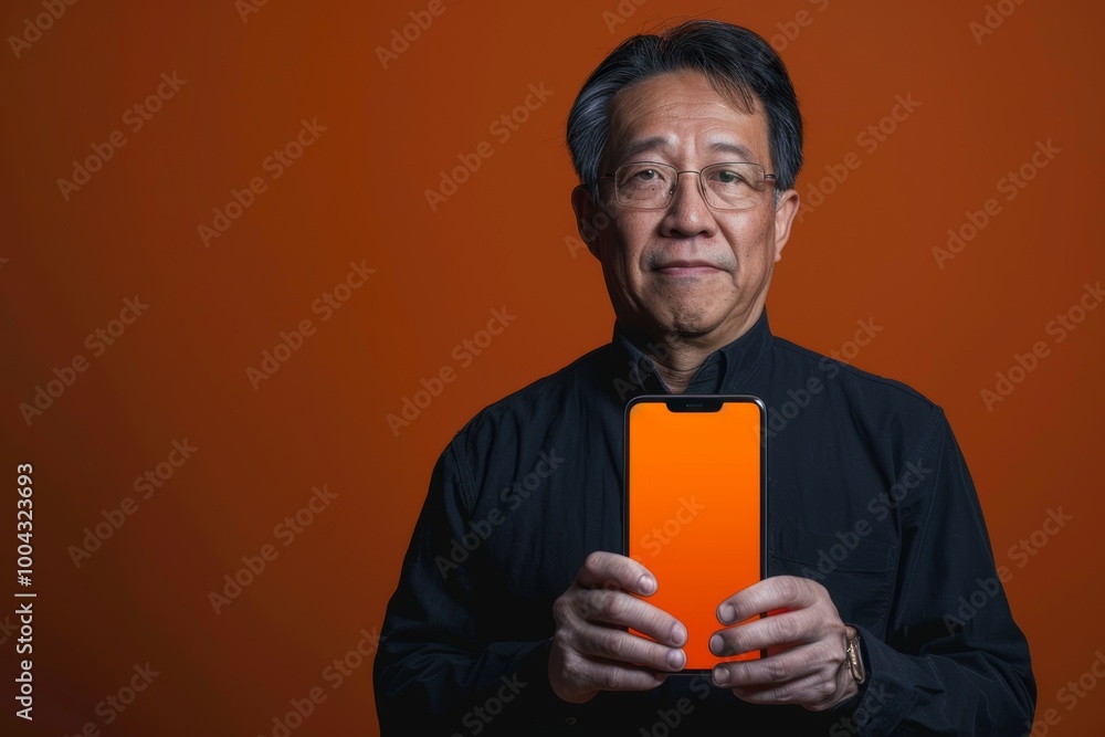 App demo asian man in his 40s holding an smartphone with a fully orange screen App demo asian man in his 40s holding an smartphone with a fully orange screen