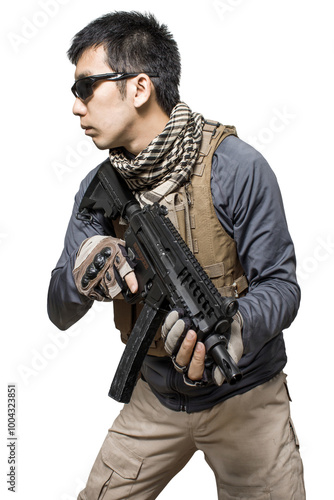 Private military contractor man with modern sub machine gun weapon die cut transparent