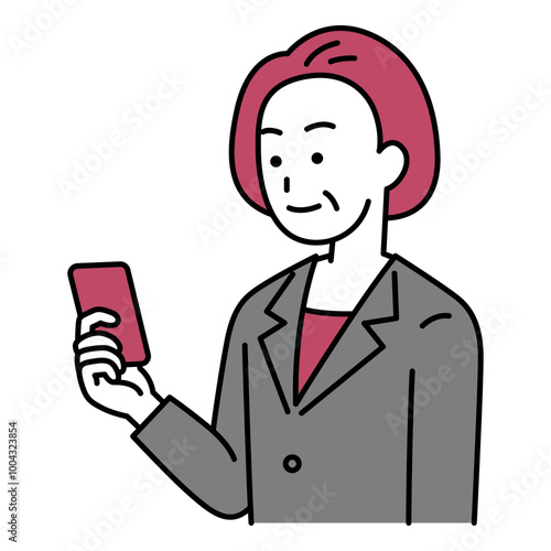 右手に持ったスマートフォンを見ている中年のスーツの女性
