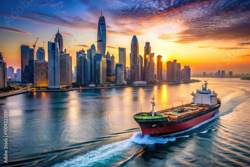 Oil tanker ship departing from Dubai Marina, showcasing urban skyline and maritime activity at dusk